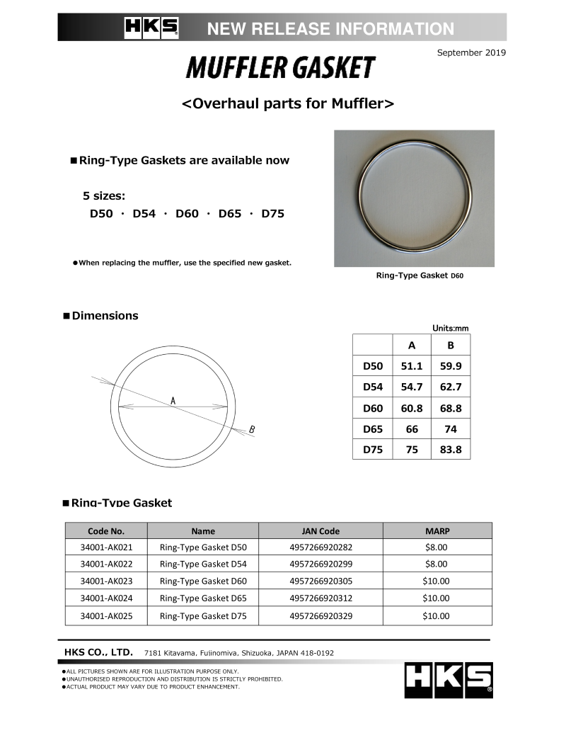 HKS Muffler Gasket 60.8mm ID 68.8mm OD | (34001-AK023)