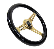 NRG Classic Wood Grain Steering Wheel (350mm) Black Grip w/Chrome Gold 3-Spoke Center