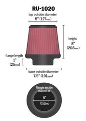 K&N Universal Tapered Filter 6in Flange ID x 7.5in Base OD x 5in Top OD x 8in Height