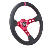 NRG Reinforced Steering Wheel (350mm/3in. Deep) Black Leather/ Fushia Center Mark/ Fushia Stitching