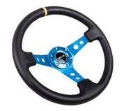 NRG Reinforced Steering Wheel (350mm / 3in. Deep) Blk Leather w/Blue Cutout Spoke & Single Yellow CM