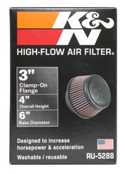 K&N Universal Round Clamp-On Air Filter 3in Flange ID x 6in Base OD x 4.625in Top OD x 3in Height