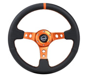 NRG Reinforce Steering Wheel (350mm / 3in. Deep) Blk Leather, Orange Center Mark w/ Orange Stitching