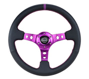 NRG Reinforced Steering Wheel (350mm / 3in. Deep) Black Leather w/Purple Center & Purple Stitching