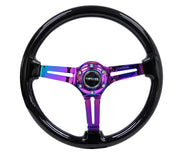 NRG Reinforced Steering Wheel (350mm / 3in. Deep) Blk Wood w/Blk Matte Spoke/Neochrome Center Mark