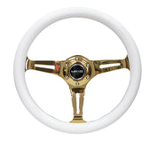 NRG Classic Wood Grain Steering Wheel (350mm) White Grip w/Chrome Gold 3-Spoke Center