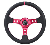 NRG Reinforced Steering Wheel (350mm/3in. Deep) Black Leather/ Fushia Center Mark/ Fushia Stitching