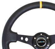 NRG Reinforced Steering Wheel (350mm / 3in. Deep) Blk Leather w/Blk Cutout Spoke/Yellow Center Mark