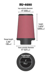 K&N Universal Round Tapered Filter 3 inch FLG / 5 inch Bottom / 4 inch Top / 7 7/8 inch Height