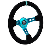 NRG Reinforced Steering Wheel (350mm/ 3in. Deep) Black Suede/ Teal Center Mark/ Teal Stitching