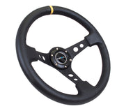 NRG Reinforced Steering Wheel (350mm / 3in. Deep) Blk Leather w/Blk Cutout Spoke/Yellow Center Mark