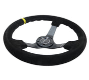 NRG Reinforced Steering Wheel (350mm / 3in. Deep) Blk Suede/X-Stitch w/5mm Blk Spoke & Yellow CM